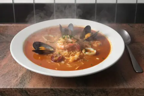 Une délicieuse soupe au riz grand-mère fumante, garnie de crevettes, moules, calamars et chorizo.