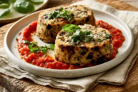Deux flans d'aubergine provençaux, garnis de basilic frais et servis avec une sauce tomate savoureuse.