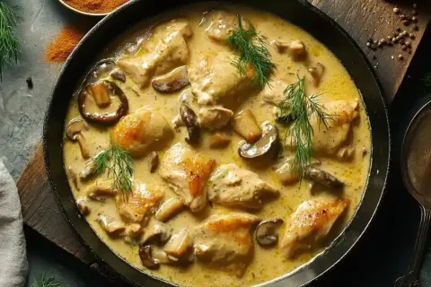 Délicieuse fricassée de sot l'y laisse aux champignons, garnie d'aneth frais. Un plat réconfortant et savoureux.