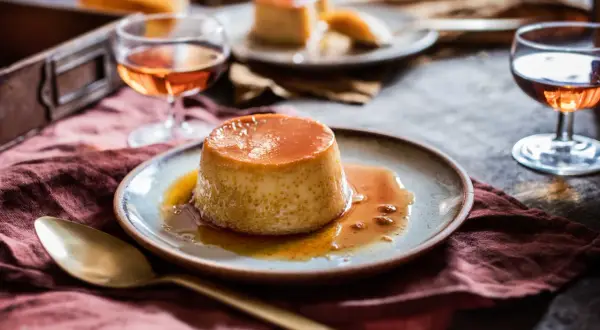 Un délicieux dessert croate recette, un flan caramélisé, servi sur une assiette avec une cuillère dorée et un verre de liqueur ambrée.