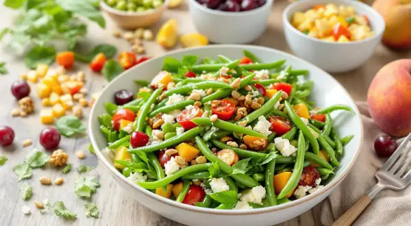 Salade colorée de haricots verts, tomates cerises, dés de mangue et fromage blanc émietté, parsemée de pignons. Un délice frais et léger.