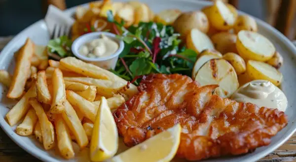 Délicieuse recette carpe frite à la bière, servie avec frites croustillantes, pommes de terre rôties, salade et sauce tartare.