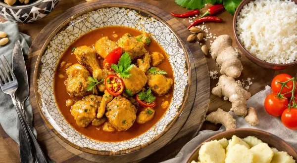 Un plat de poulet moambe savoureux, garni de tomates et de persil, servi avec du riz blanc et des accompagnements.