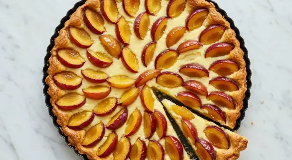 Tarte aux pommes et mirabelles, garnie d'une crème onctueuse et de fruits rouges et jaunes. Un délice !