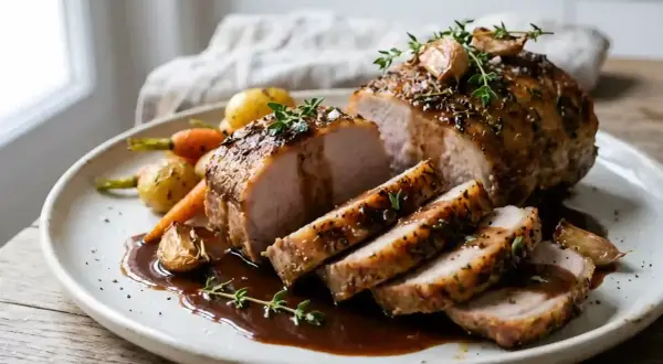 Carré de porc rôti, sauce brune, thym et ail, servi avec des carottes et pommes de terre. Une recette de carré de porc à l'ancienne qui met l'eau à la bouche.