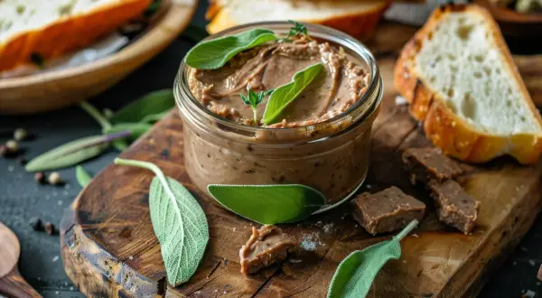 Pâté de sanglier artisanal dans un bocal, garni de sauge. Le dosage sel et poivre pour pâté de sanglier est parfait. Servi avec des tranches de pain grillé.