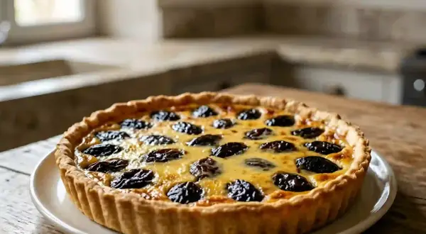 Tarte aux pruneaux et crème pâtissière, un délice doré aux fruits moelleux.