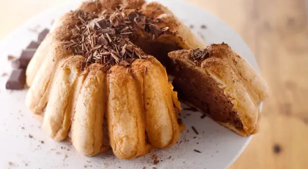 Une délicieuse charlotte malakoff au chocolat, garnie de copeaux de chocolat noir et saupoudrée de cacao.
