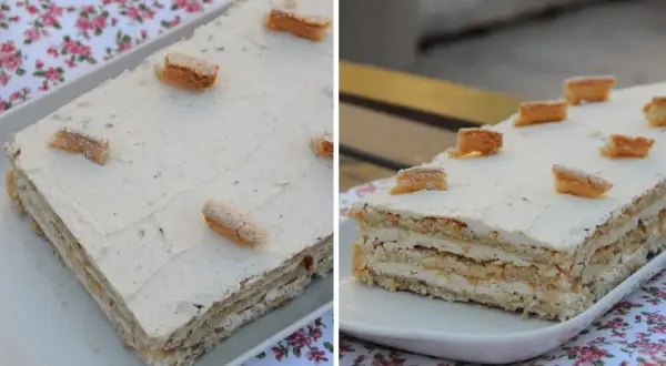 Gâteau Castel, une pâtisserie aux origines mystérieuses, est ici présenté avec sa crème onctueuse et ses décorations croquantes.