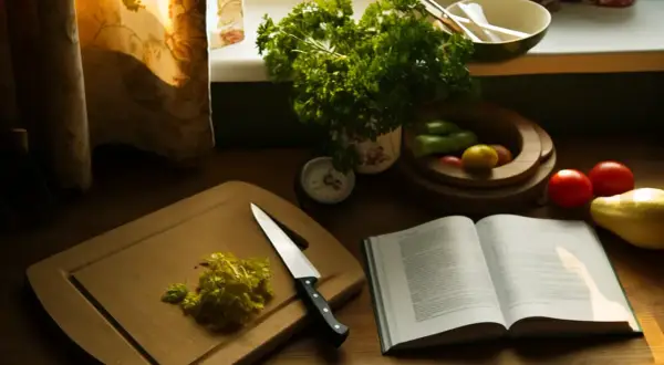 Sur une planche à découper, du persil jauni est prêt à être utilisé. Une recette ouverte et des légumes attendent. Peut-on manger du persil jauni ?