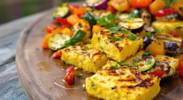 Carrés de polenta snackée, grillés et dorés, servis avec des légumes méditerranéens rôtis sur un plateau en bois.
