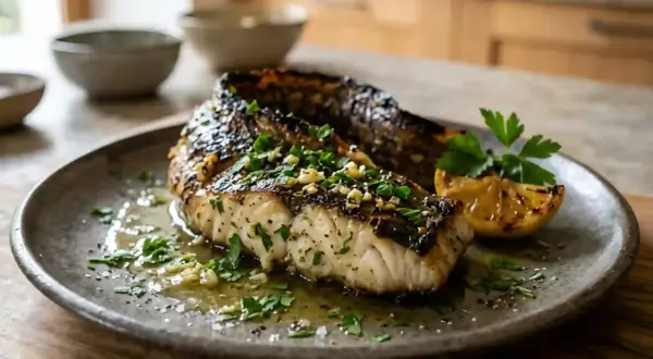 Un délicieux filet de poisson grillé, garni d'ail et de persil, baignant dans une sauce citronnée. Une inspiration pour votre prochaine recette murene.
