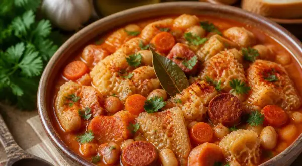 Un plat de chanfana portugal mijoté avec des tripes, des haricots blancs, des carottes et du chorizo, garni de persil frais.