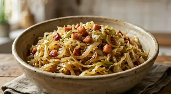Un bol de chou polonais kapusta, un plat réconfortant avec des morceaux de lard fumé et des oignons caramélisés.