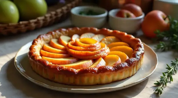 Une magnifique tarte tatin inratable, aux pommes caramélisées et à la pâte dorée, prête à être dégustée.