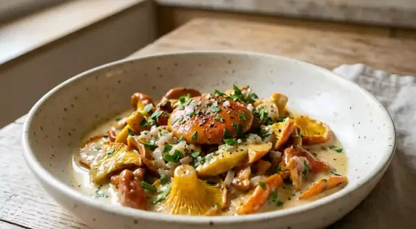 Un plat de champignons des bois, dont des oronges, en sauce crémeuse, parsemé de persil. Une recette simple et savoureuse.