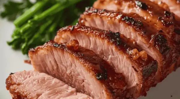 Tranches de magret de canard cru mariné, la viande est rosée et la peau caramélisée, accompagnée de légumes verts.