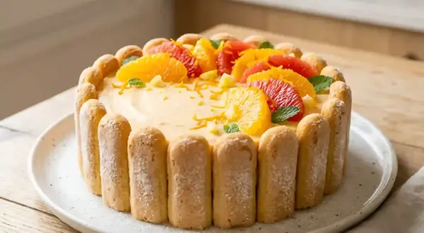 Charlotte aux agrumes, un délice crémeux entouré de biscuits à la cuillère, couronné de quartiers d'orange et de pamplemousse rose.