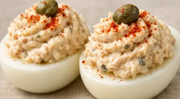 Deux moitiés d'œufs durs garnies d'une généreuse mousse de thon avec des câpres et saupoudrées de paprika.