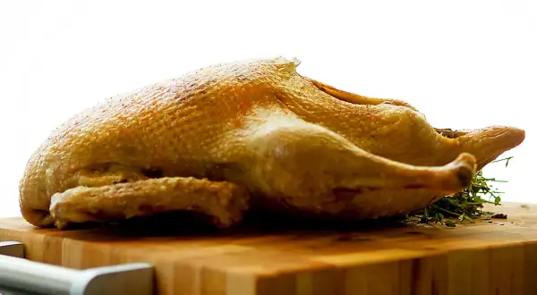 Canard entier doré, prêt pour une recette tanche entière au four. Sur une planche en bois, avec des herbes.