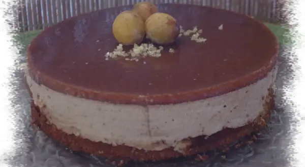 Un délicieux bavarois mirabelle, garni de fruits frais et d'une fine couche de glaçage au chocolat.