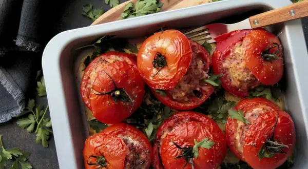 Tomates farcies à la viande dans un plat, prêtes pour le temps de cuisson. Garnies de persil frais.