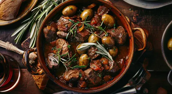 Un savoureux ragout corse mijote dans une cocotte en terre cuite, garni d'olives et de romarin. Du pain croustillant et un verre de vin rouge complètent ce plat réconfortant.