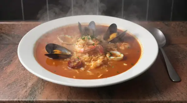 Une délicieuse soupe au riz grand-mère fumante, garnie de crevettes, moules, calamars et chorizo.