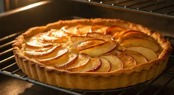 Une tarte fine aux pommes caramélisées dore dans le four, ses bords ondulés et ses fines tranches de pommes brillent sous la lumière chaude.