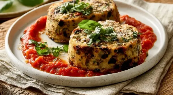 Deux flans d'aubergine provençaux, garnis de basilic frais et servis avec une sauce tomate savoureuse.