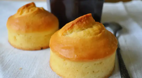Deux petits gâteaux dorés, rappelant les vieilles recettes de gâteau à la peau de lait, sont prêts à être dégustés avec un pot de confiture sombre.