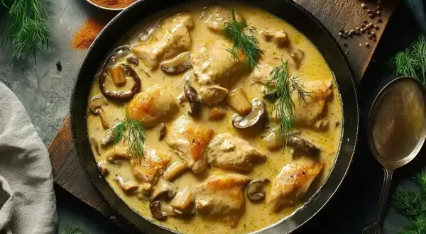 Délicieuse fricassée de sot l'y laisse aux champignons, garnie d'aneth frais. Un plat réconfortant et savoureux.