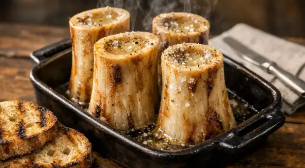 Quatre os à moelle à la poêle, fumants et assaisonnés, servis avec des toasts grillés.