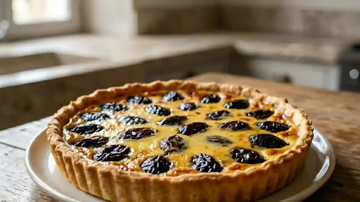 Tarte aux pruneaux et crème pâtissière, un délice doré aux fruits moelleux.