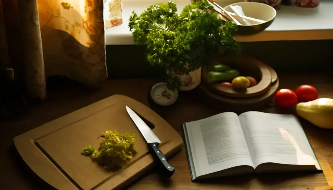 Sur une planche à découper, du persil jauni est prêt à être utilisé. Une recette ouverte et des légumes attendent. Peut-on manger du persil jauni ?