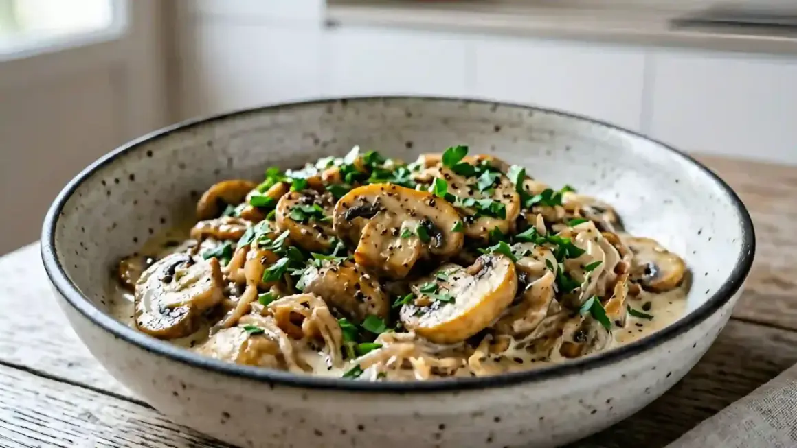 Un plat de champignons à la crème, parsemé de persil frais et de poivre noir. Une délicieuse recette oronges à la crème.