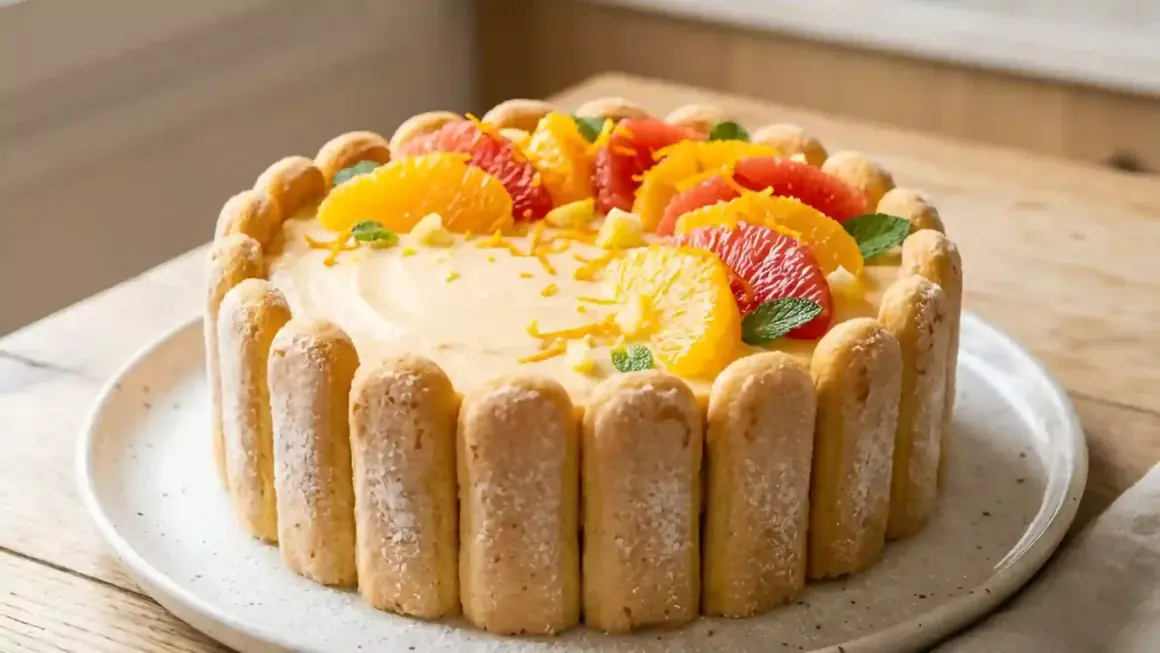 Charlotte aux agrumes, un délice crémeux entouré de biscuits à la cuillère, couronné de quartiers d'orange et de pamplemousse rose.