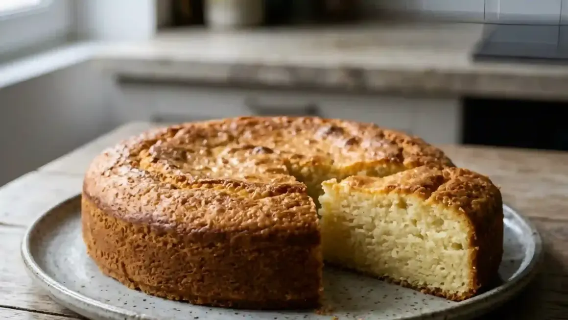 Un gâteau doré, une part coupée, prêt à être dégusté. Une recette de jonchée facile à réaliser pour un dessert parfait.