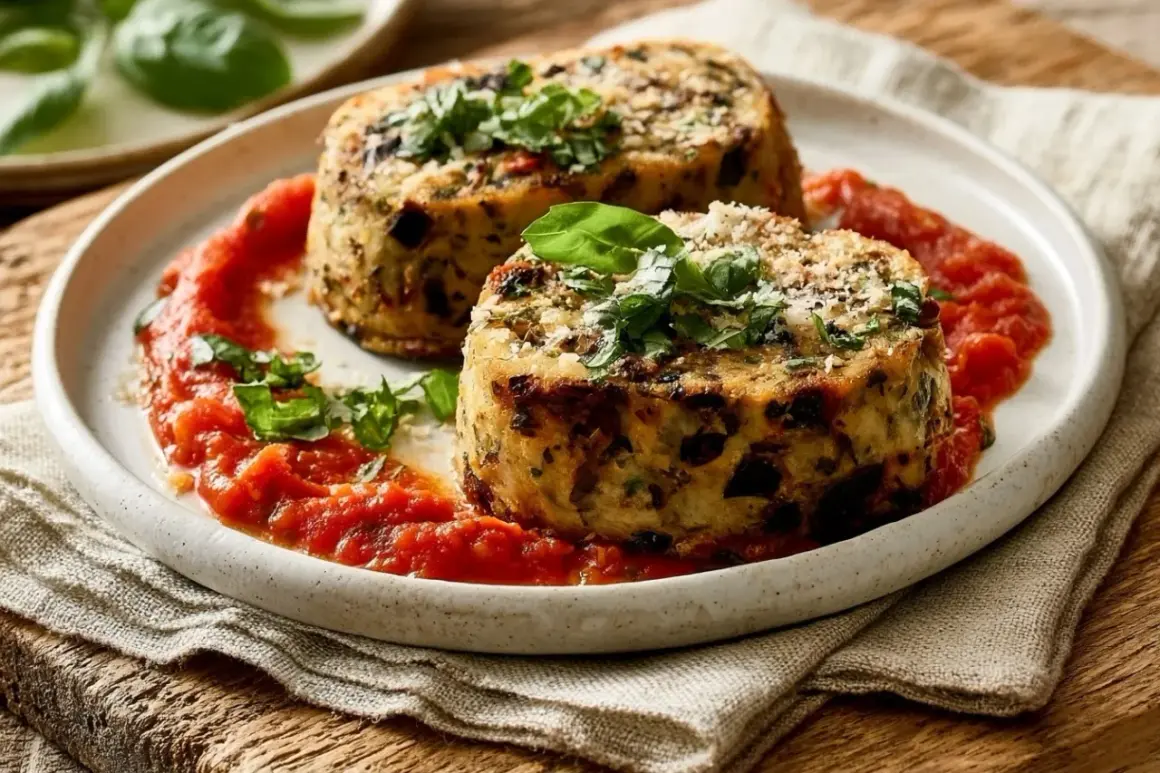 Deux flans d'aubergine provençaux, garnis de basilic frais et servis avec une sauce tomate savoureuse.