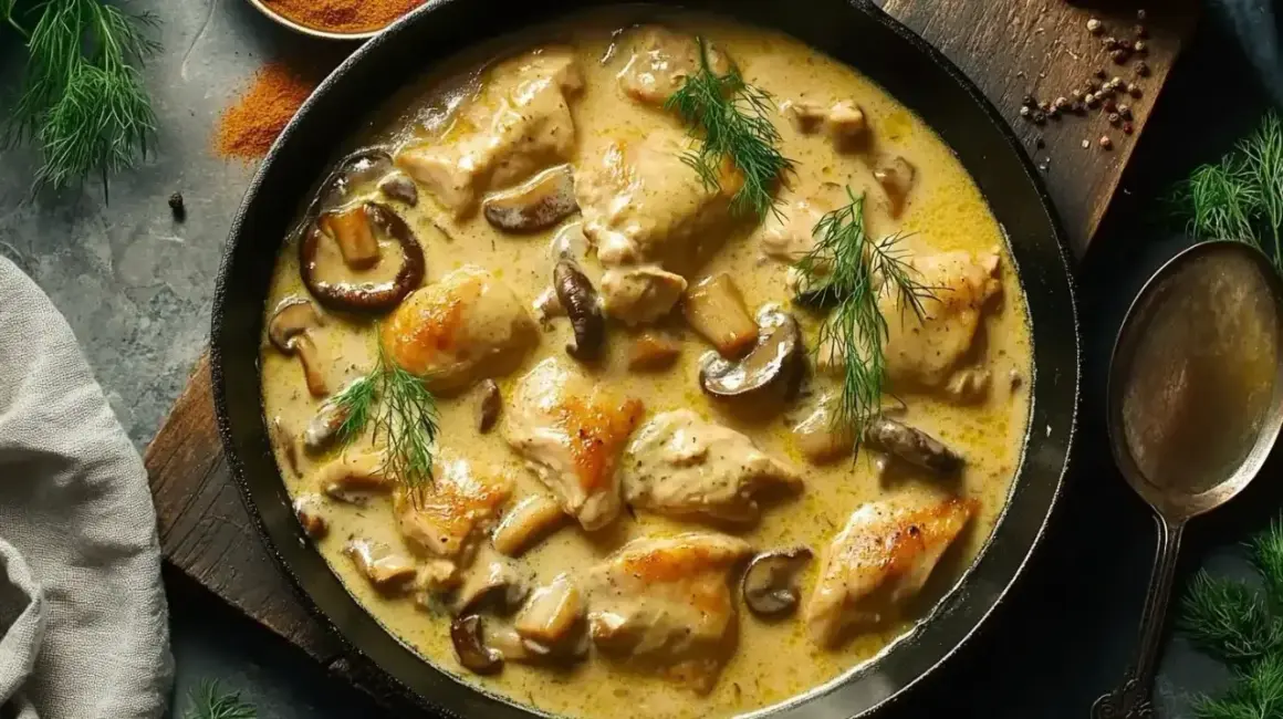 Délicieuse fricassée de sot l'y laisse aux champignons, garnie d'aneth frais. Un plat réconfortant et savoureux.