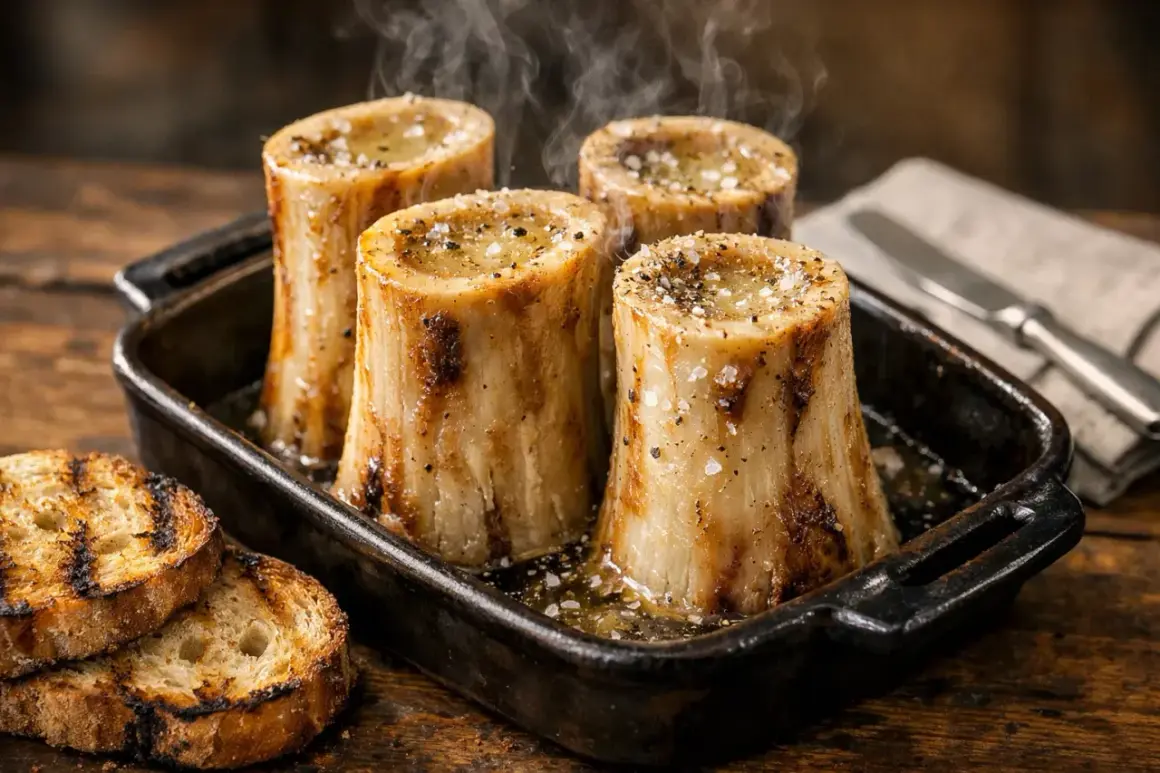 Quatre os à moelle à la poêle, fumants et assaisonnés, servis avec des toasts grillés.
