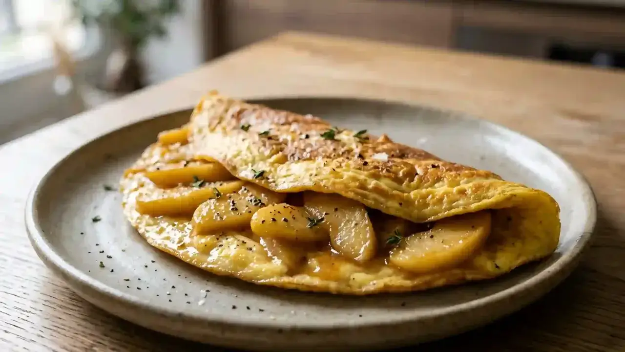 Une omelette normande dorée, garnie de pommes caramélisées et saupoudrée d'herbes fraîches. Un délice !