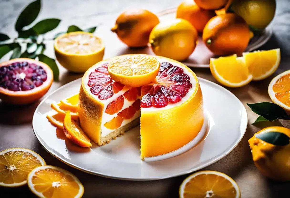 Une d&eacute;licieuse charlotte aux agrumes, garnie de tranches d'oranges sanguines et d'une touche d'orange sur le dessus. Autour, des quartiers d'agrumes frais et des citrons.