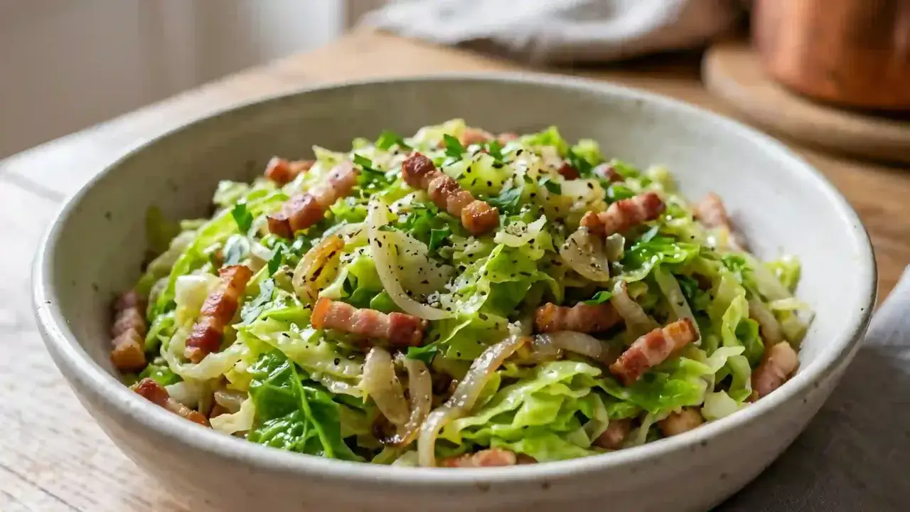 Un plat de chou polonais kapusta, garni de lardons croustillants et d'oignons caramélisés. Une recette réconfortante et savoureuse.