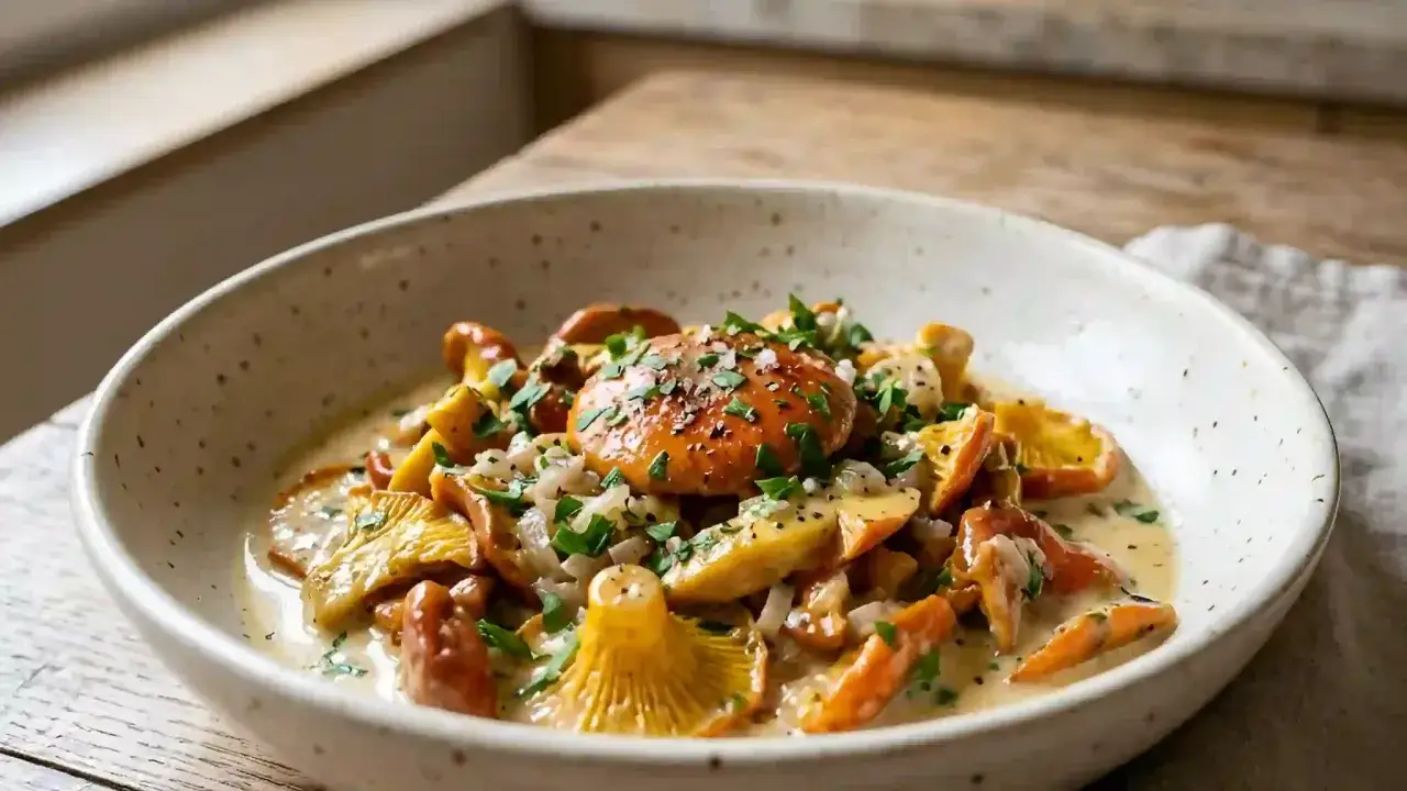 Un plat de champignons sauvages, dont des oronges, baignant dans une sauce crémeuse. Une recette simple et savoureuse.