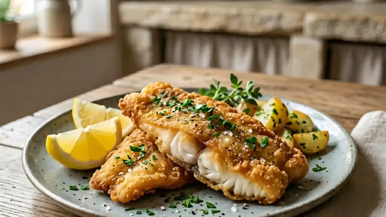 Délicieuse recette carpe frite à la bière, servie avec des quartiers de citron et des pommes de terre rôties.