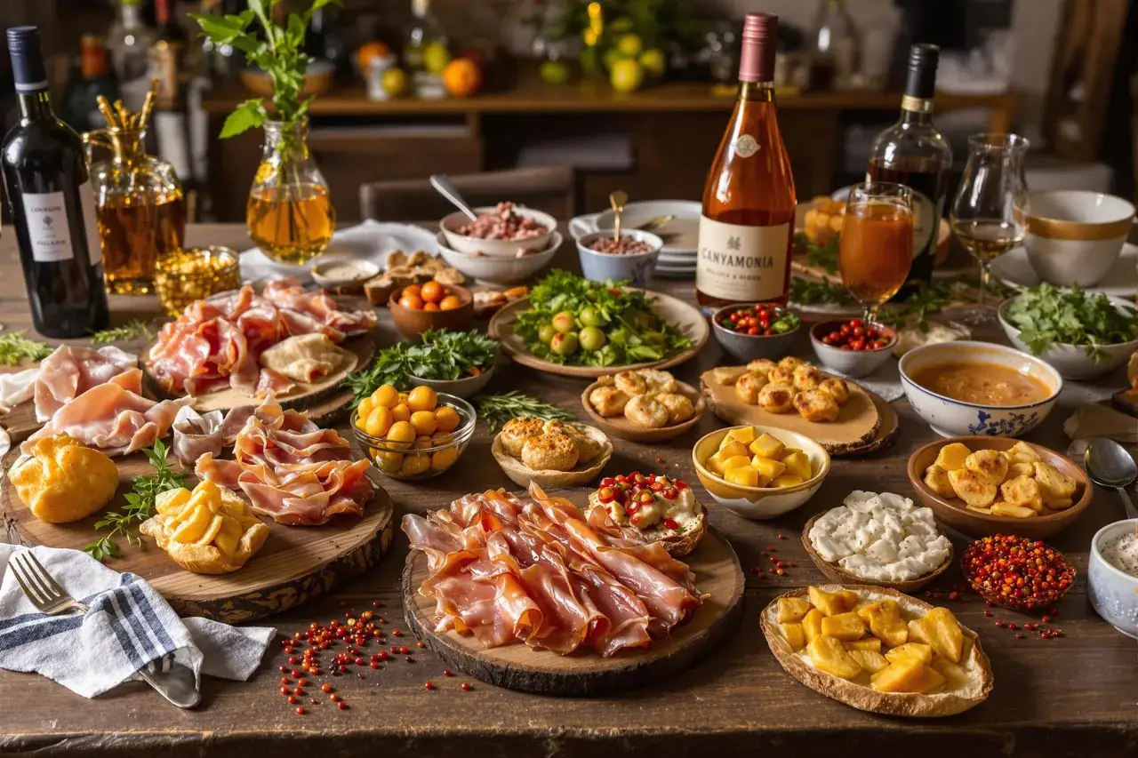 Un festin de tapas sucré : jambon cru, fruits, fromages et petites bouchées sur une table rustique.