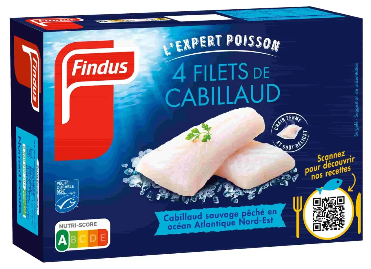 Boîte de 4 filets de cabillaud Findus surgelés. Parfait pour une recette filet de cabillaud surgelé au four facile et savoureuse.