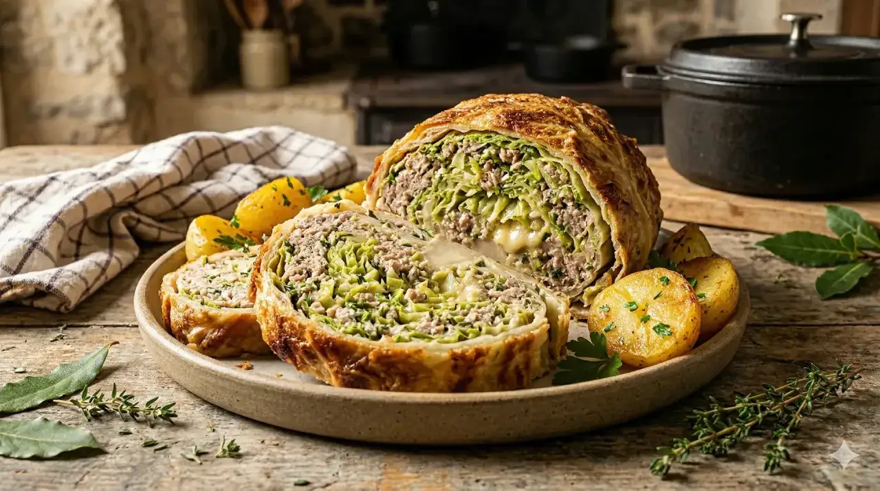 Délicieuse recette maouche aux pommes de terre, un plat rustique et savoureux, garni de viande hachée et de chou, servi avec des pommes de terre rôties.