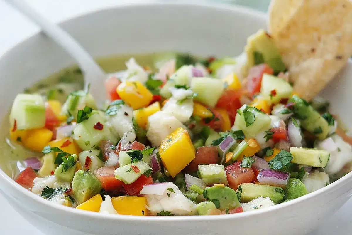 Un délicieux ceviche de lieu noir, frais et coloré, avec des dés de mangue, d'avocat, de tomate et de concombre, garni de coriandre.